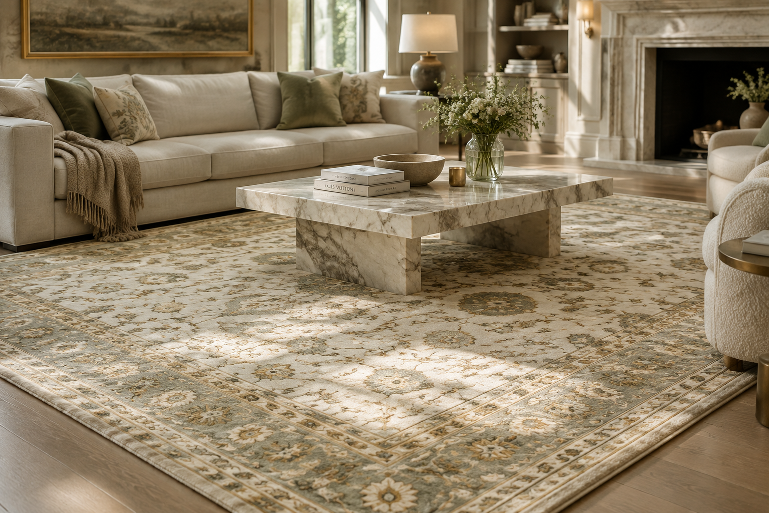 A premium handmade rug in a sophisticated living room, preferably showing a comb…