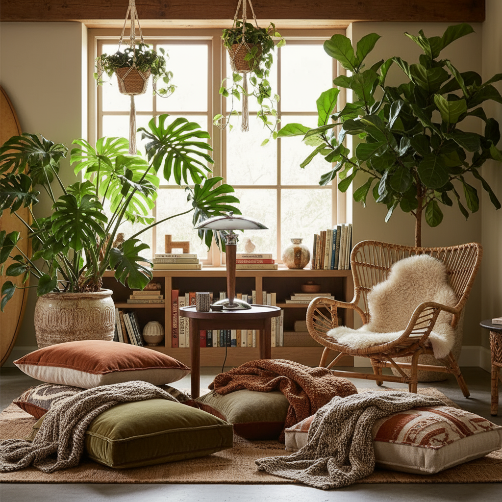 Coin lecture bohÚme chic avec la lampe champignon entourée de verdure luxuriante (monstera, ficus), coussins moelleux, couvertures douillettes et ambiance chaleureuse.