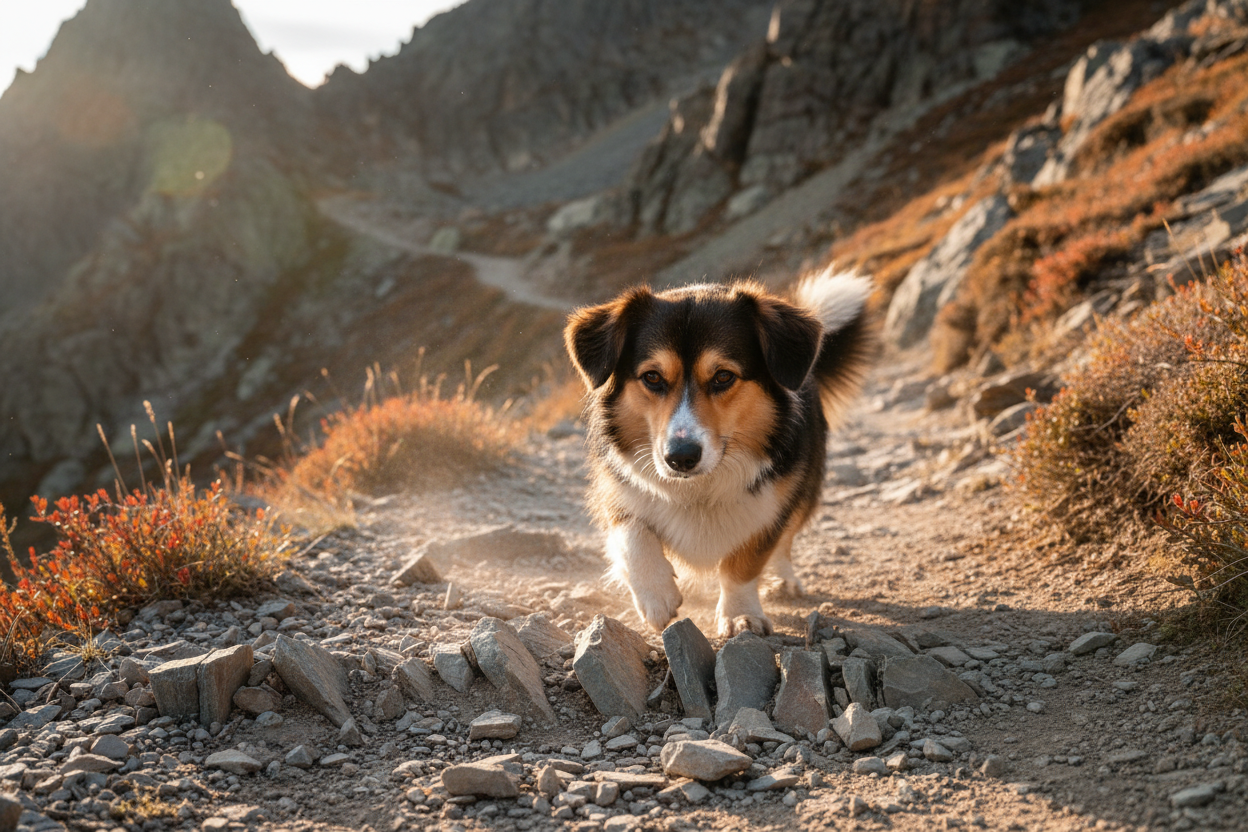 Active dog navigating rough rocky terrain