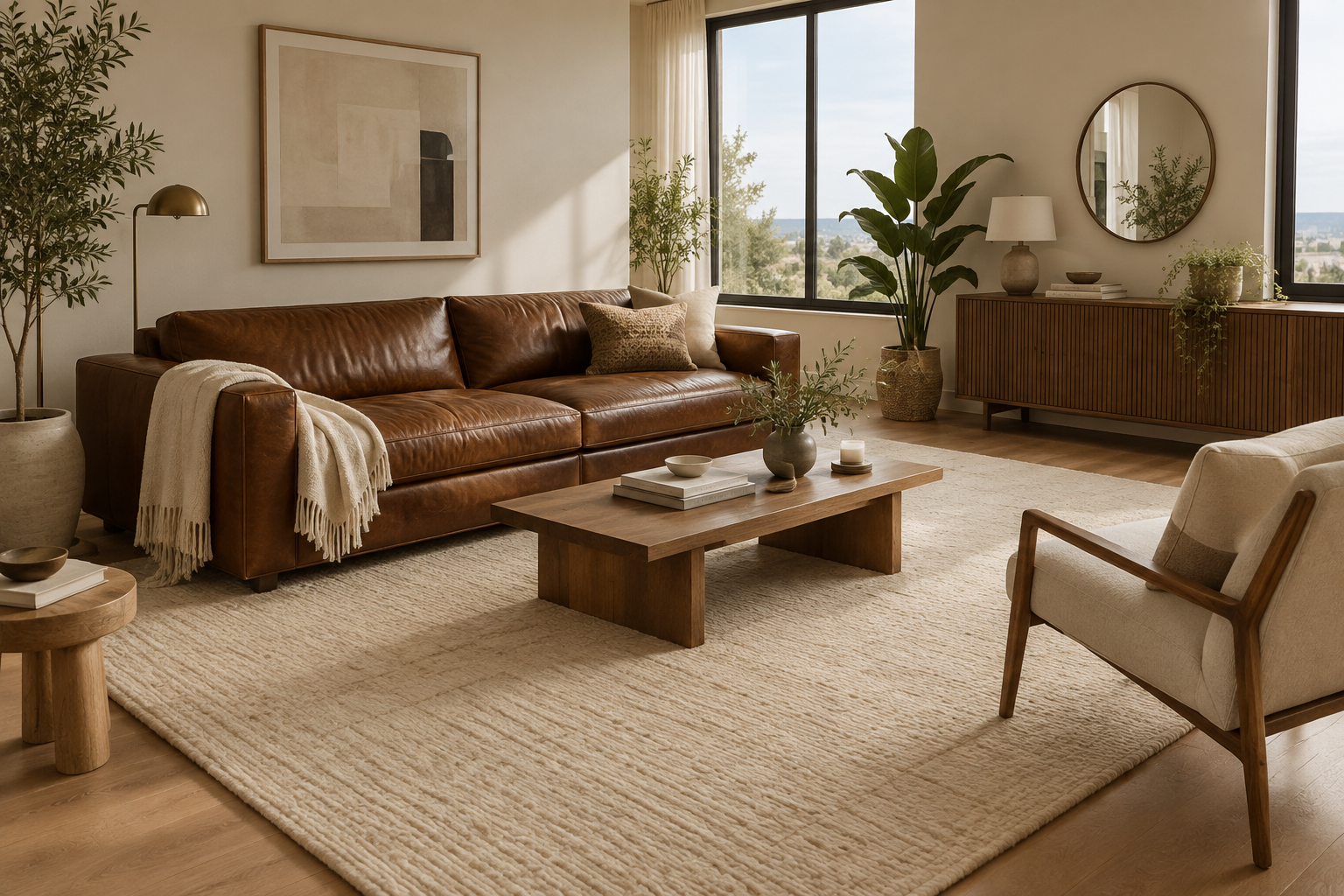 Brown sofa with cream rug in modern living room