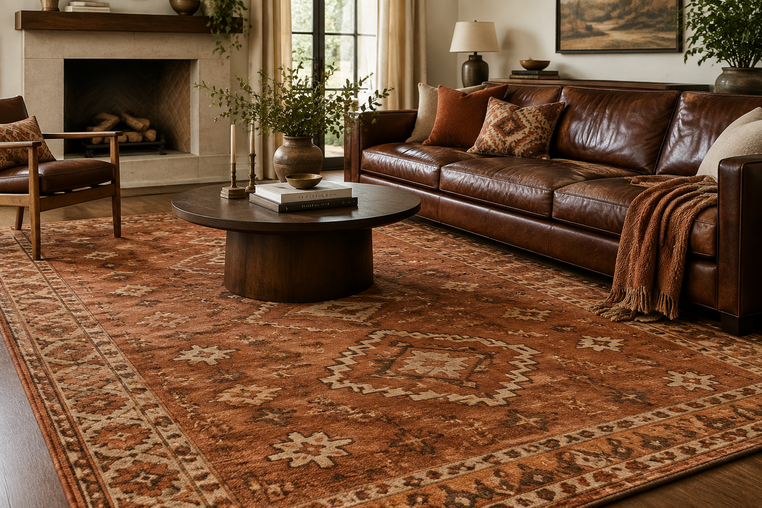 Terracotta rug with brown sofa