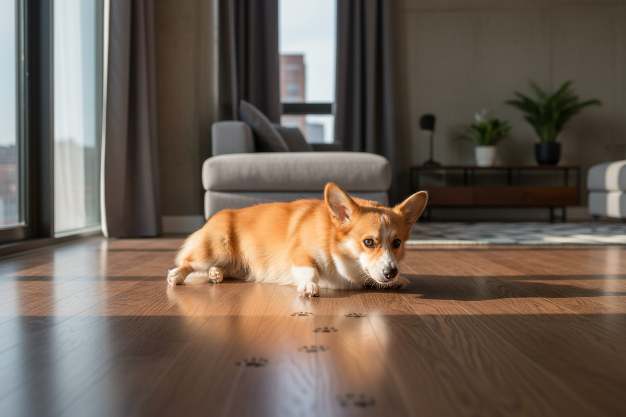 Small dog slipping on hardwood floor