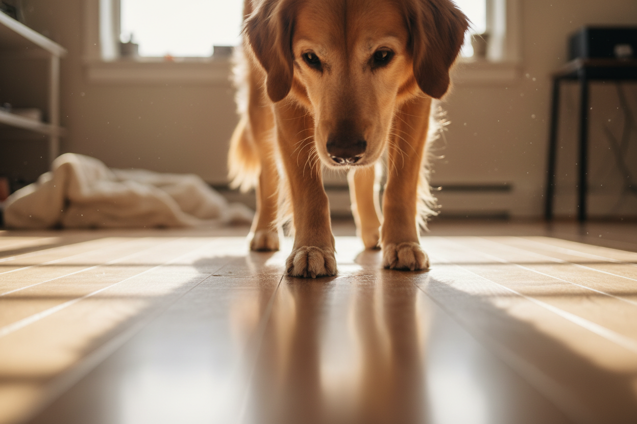 Senior dog paws on slippery hardwood floor
