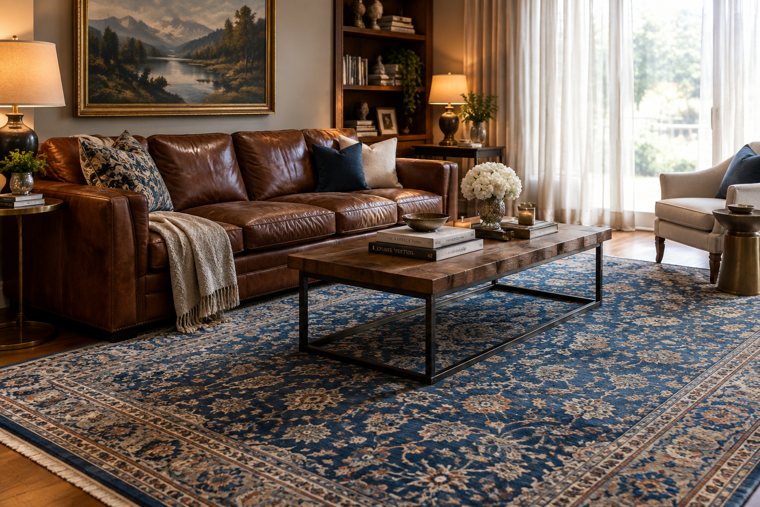 Blue rug with brown sofa living room