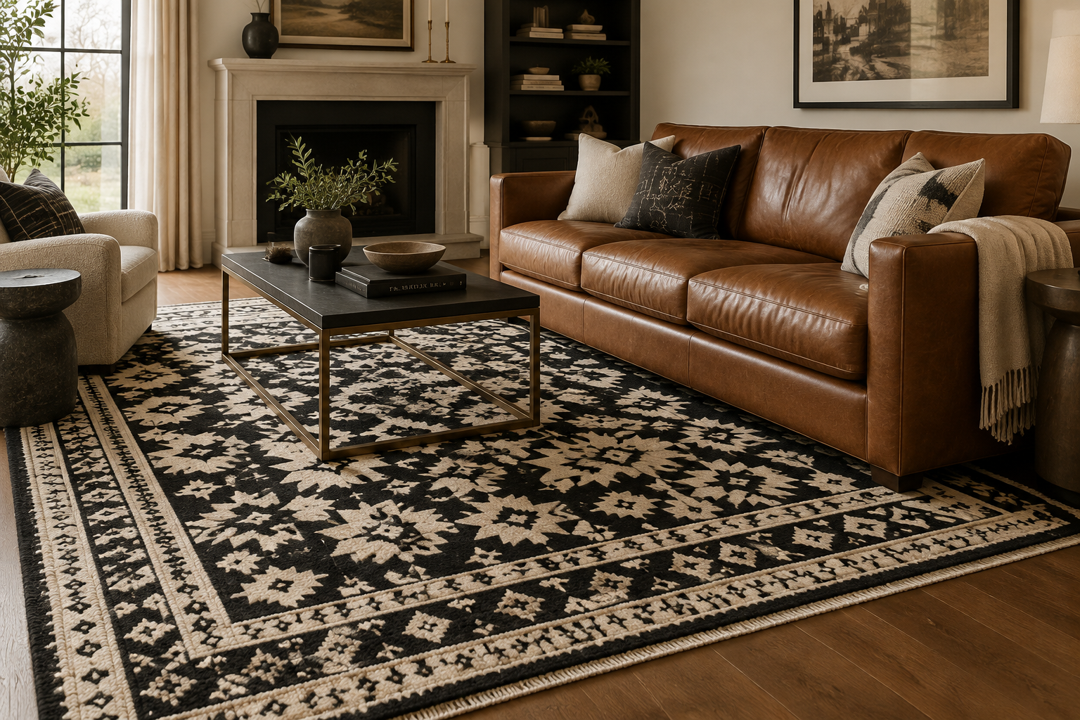 Black and ivory rug with brown sofa