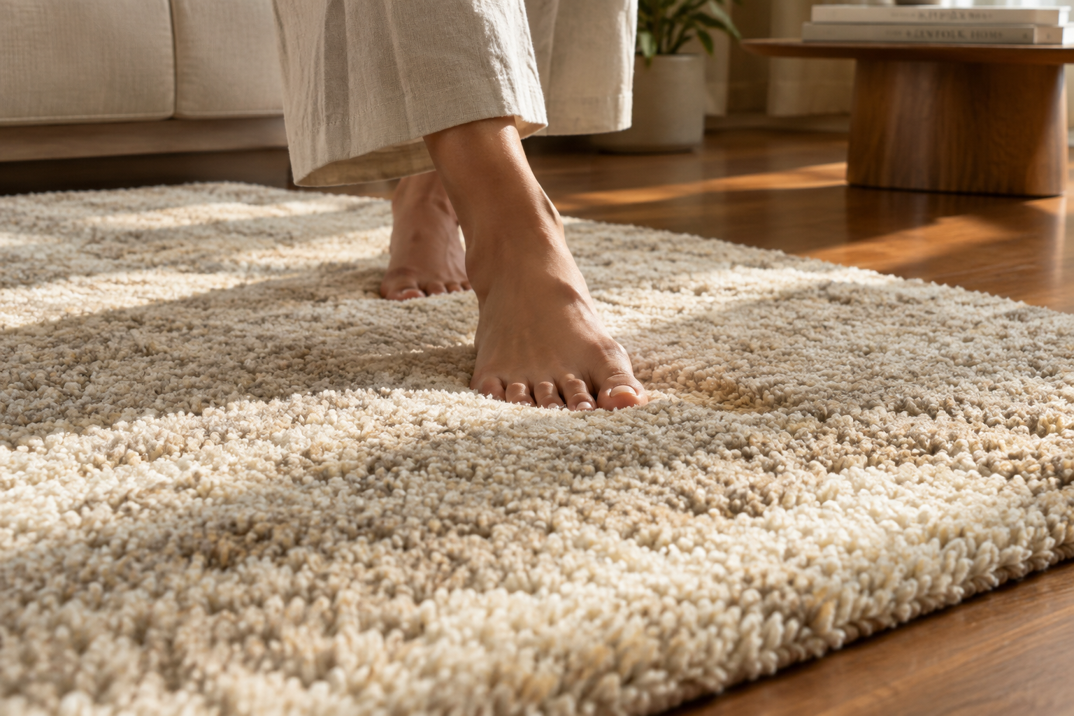 A lifestyle image showing bare feet stepping onto a luxurious rug, preferably wi…