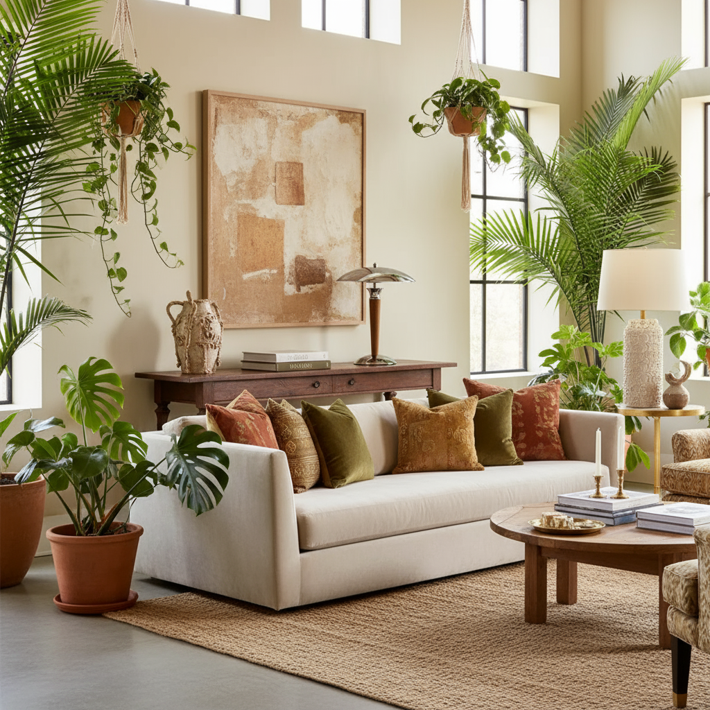 Salon bohÚme chic sophistiqué avec la lampe sur une console en bois, plantes tropicales abondantes, coussins en velours et touches dorées.