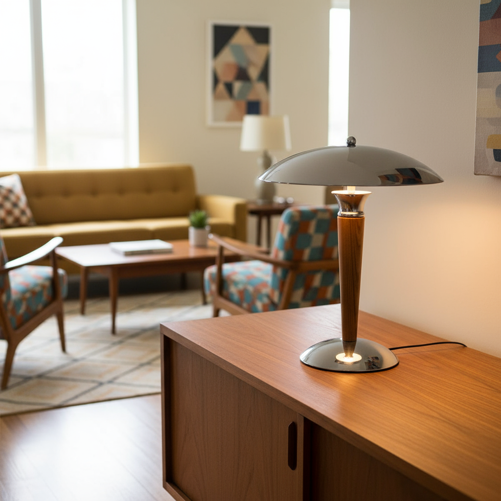 Salon mid-century - lampe mise en valeur Ambiance rétro chic avec la lampe champignon UFO sur le meuble vintage en teck