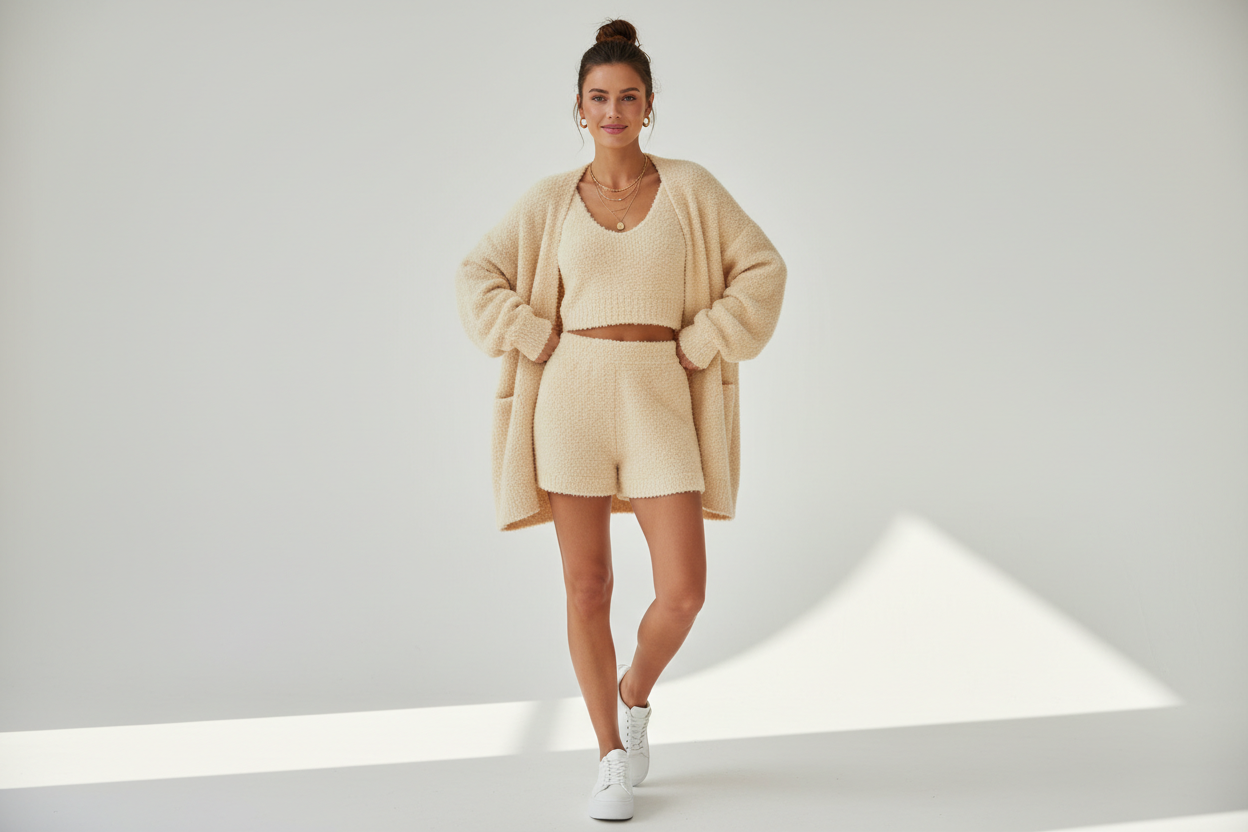 woman wearing a fuzzy cardigan, a chic sleeveless crop top vest, and comfortable…