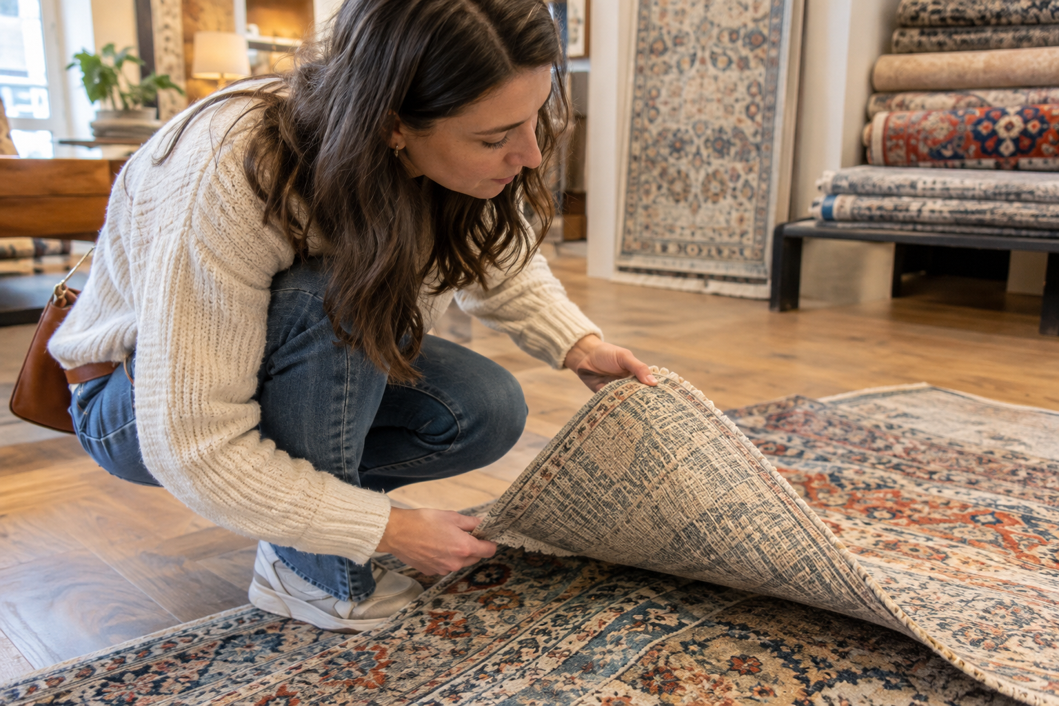 Person inspecting the underside of a rug before purchasing