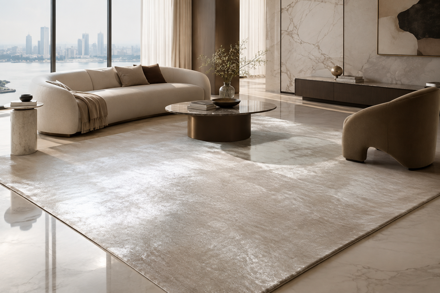 Contemporary luxury interior featuring an elegant Tencel rug with visible sheen.