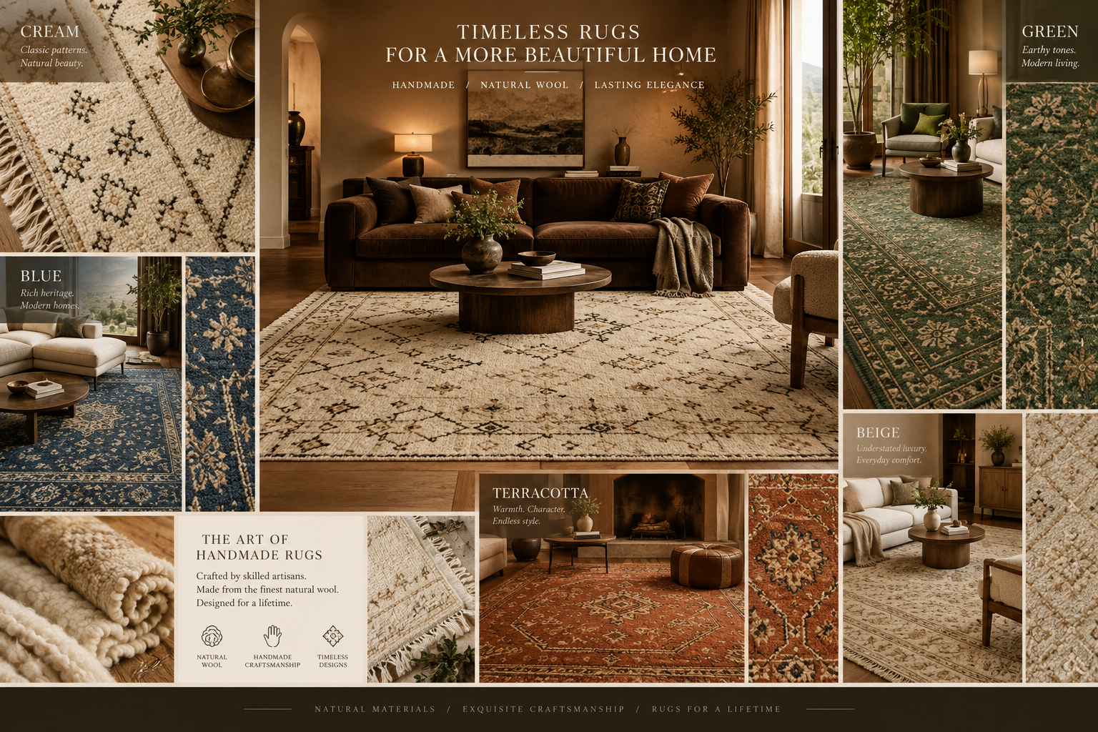 Collage showing cream, green, blue, terracotta and beige rugs with a brown sofa