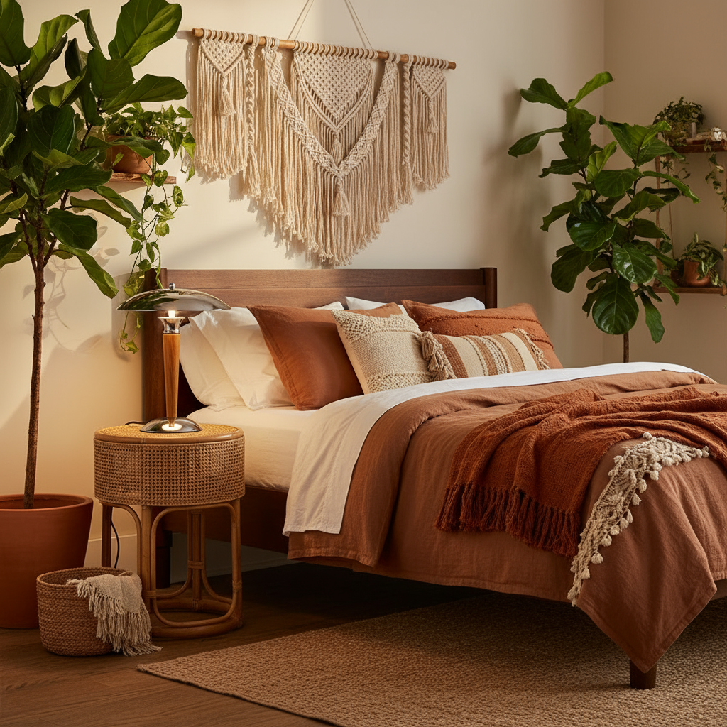 Chambre bohÚme éclectique avec la lampe champignon entourée de plantes en pot, textiles colorés, paniers tressés et ambiance paisible et accueillante.