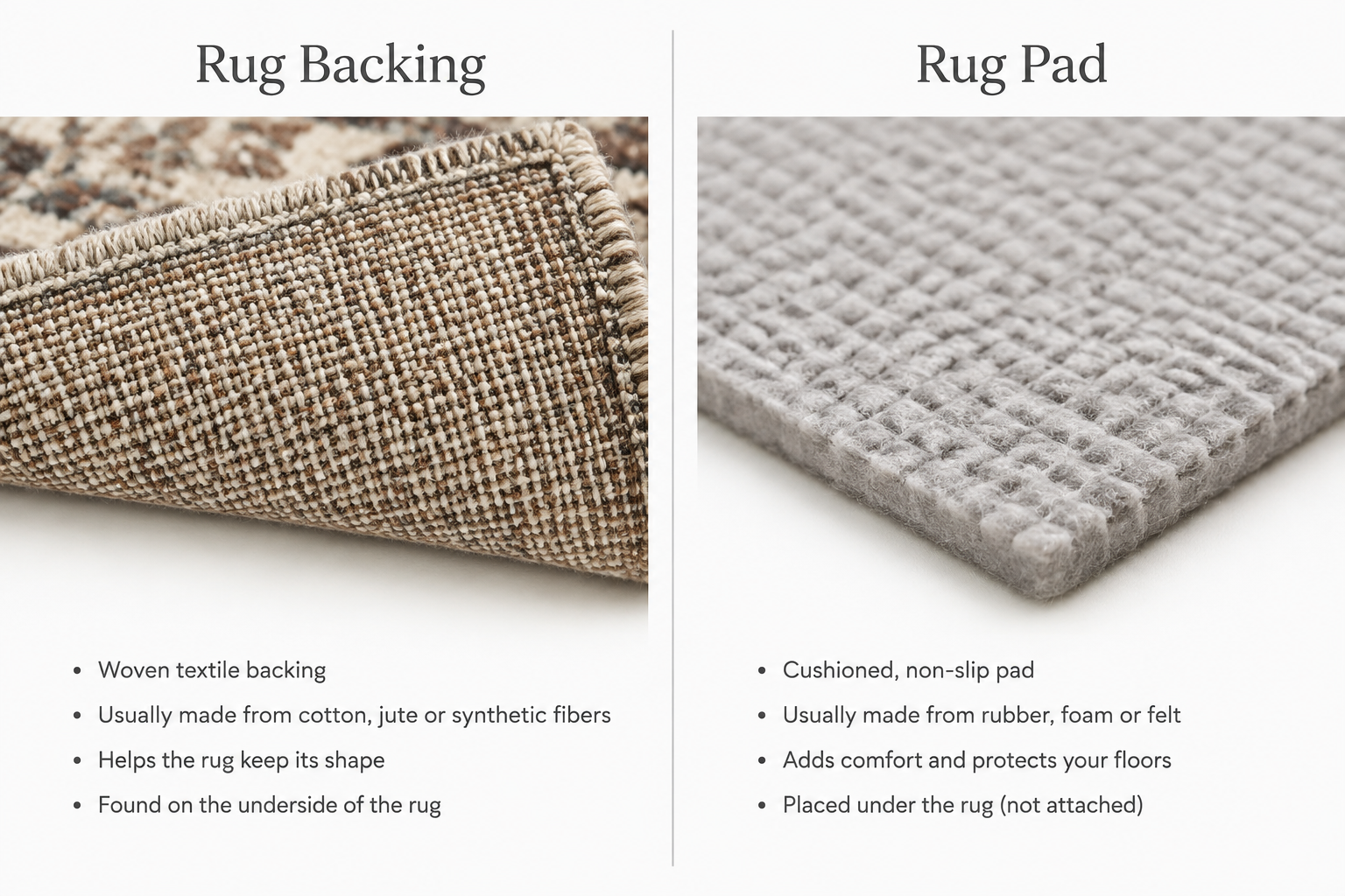 Simple visual comparison: rug backing vs. rug pad
