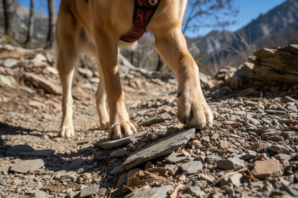 Adventure dog paws on rocky trail