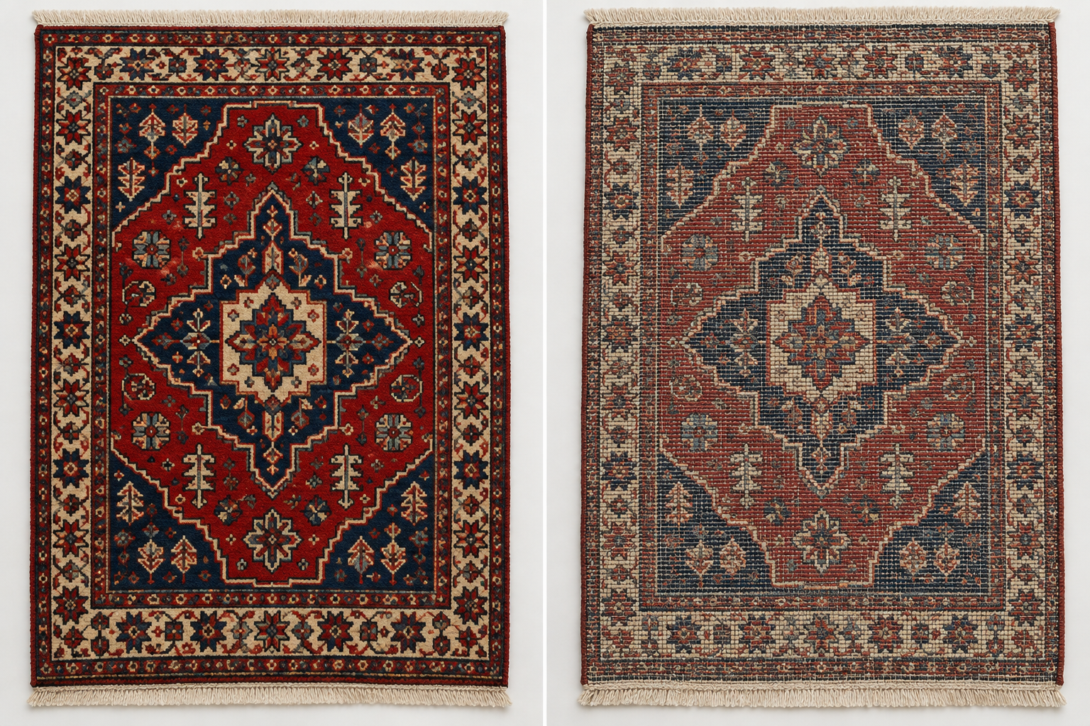 Comparison image showing the front and underside of a handmade rug
