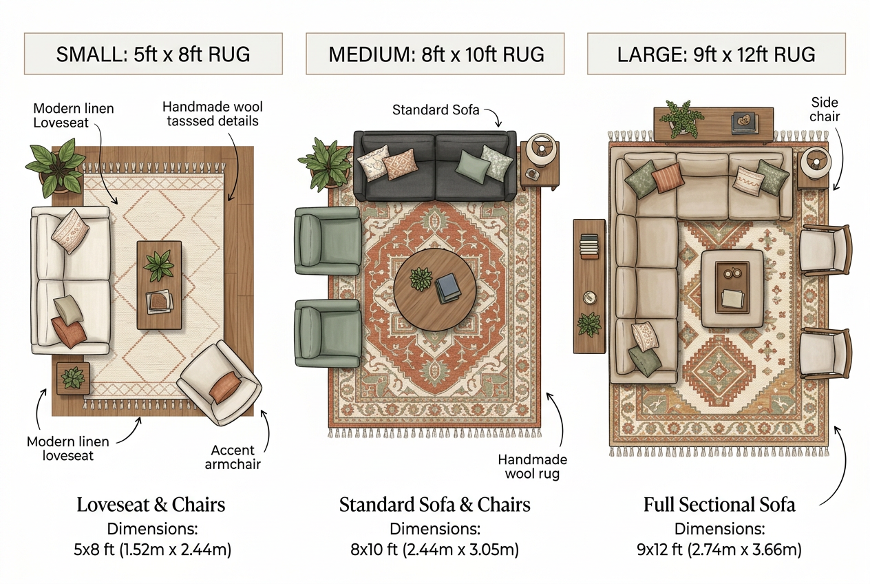 Different area rug sizes for living room furniture arrangements