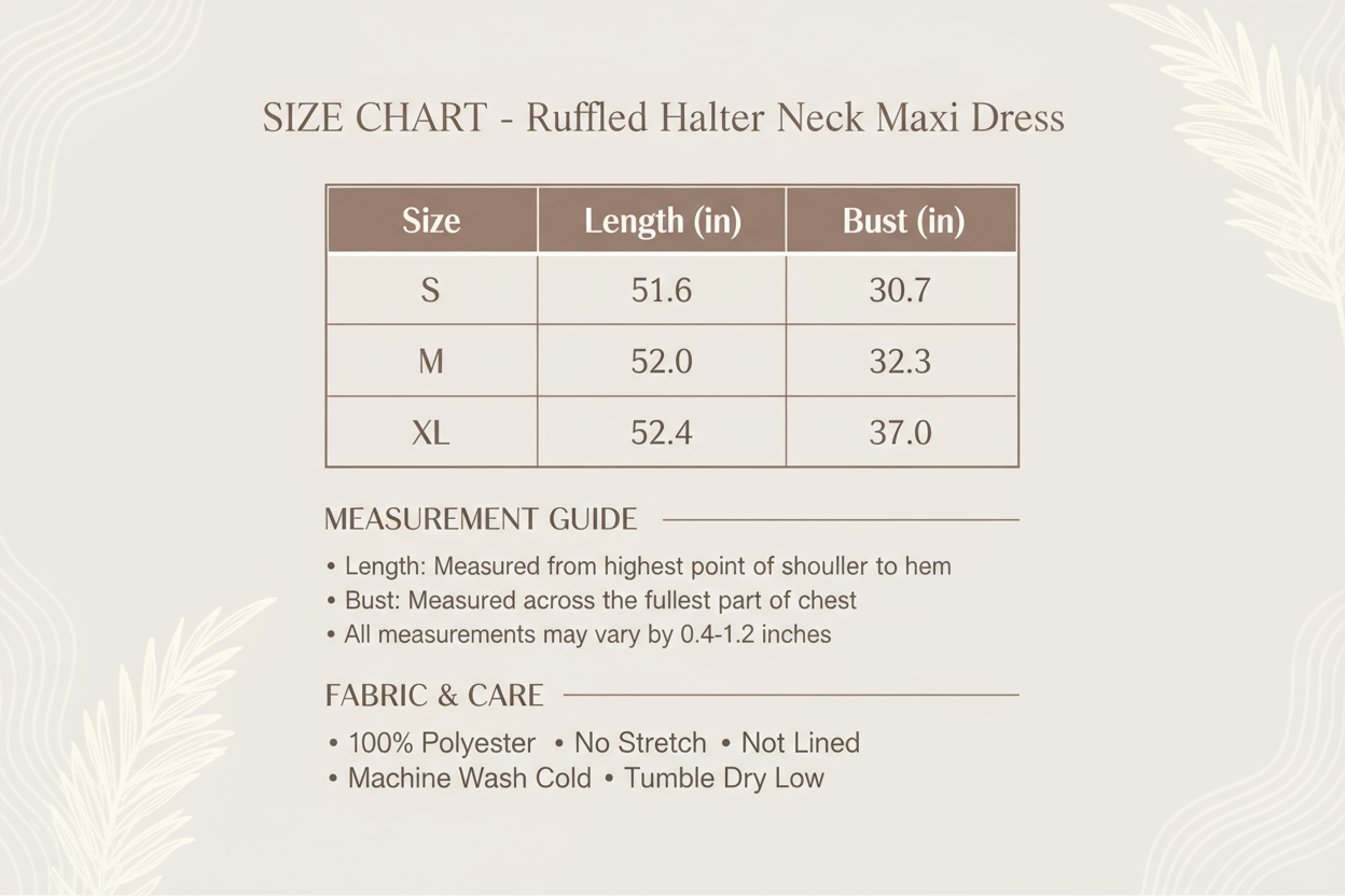 Ruffled Halter Neck Maxi Dress Size Chart