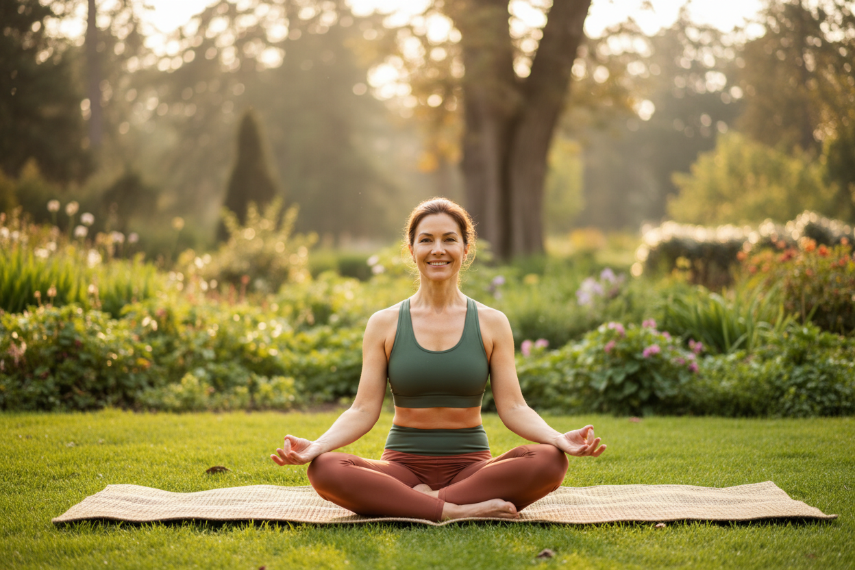 Woman in her 40s walking outdoors or practicing yoga—confident, relaxed tone
