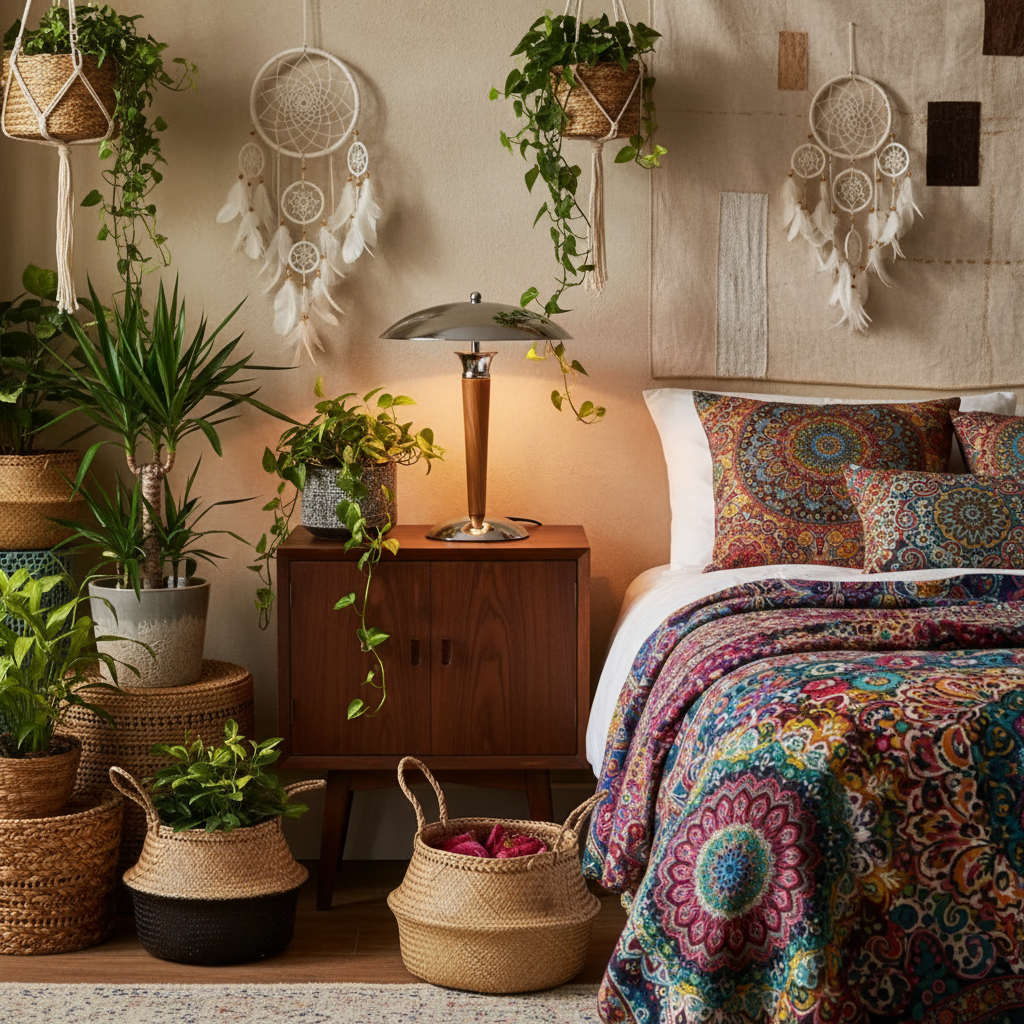 Chambre bohÚme éclectique avec la lampe entourée de plantes en pot, textiles colorés, paniers tressés et ambiance paisible et accueillante.