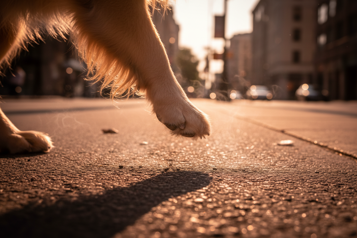 City dog paw on hot pavement
