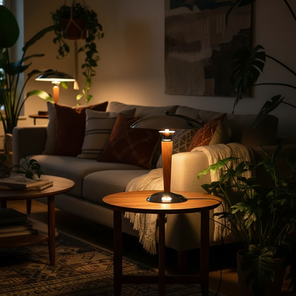 L'image montre votre lampe champignon allumée créant une belle lumiÚre chaleureuse et dorée dans un salon bohÚme cosy en soirée, entourée de plantes luxuriantes, avec une ambiance intime et accueillante parfaite pour la fin de journée.