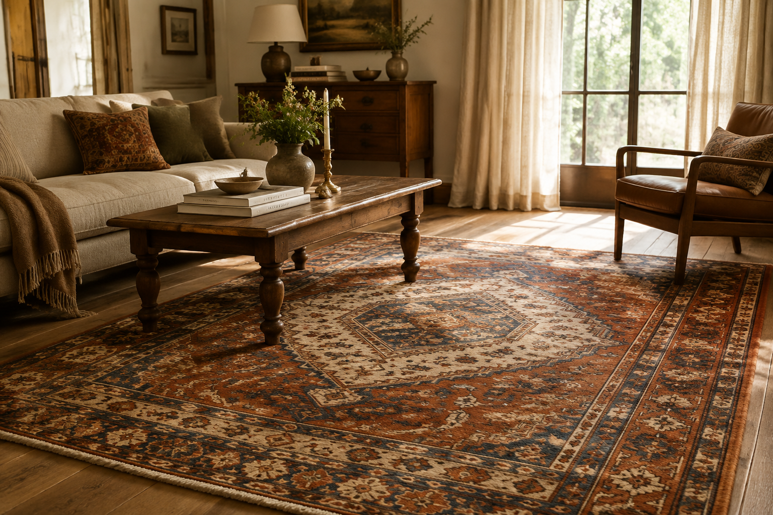 Beautiful final lifestyle image of a handmade rug in a timeless interior
