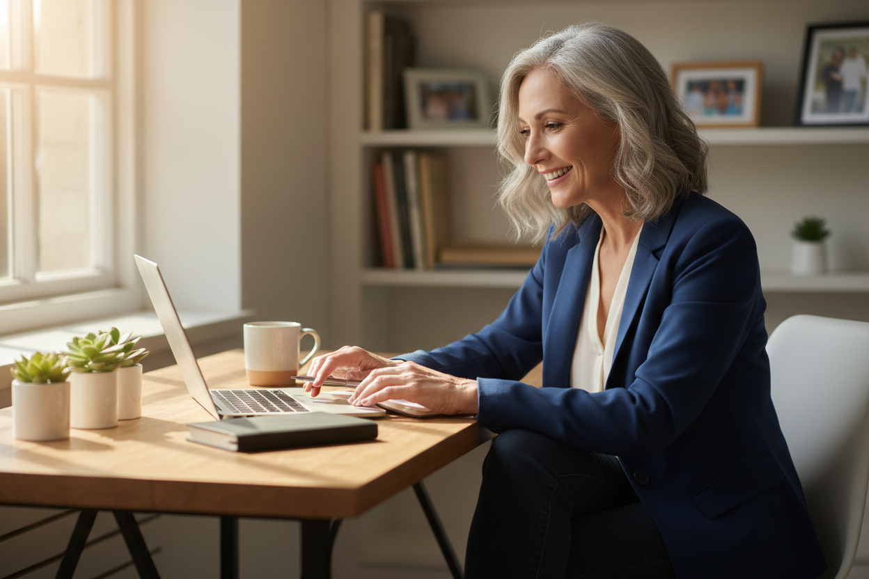 Midlife woman at her desk, smiling with confidence while writing or working on a…