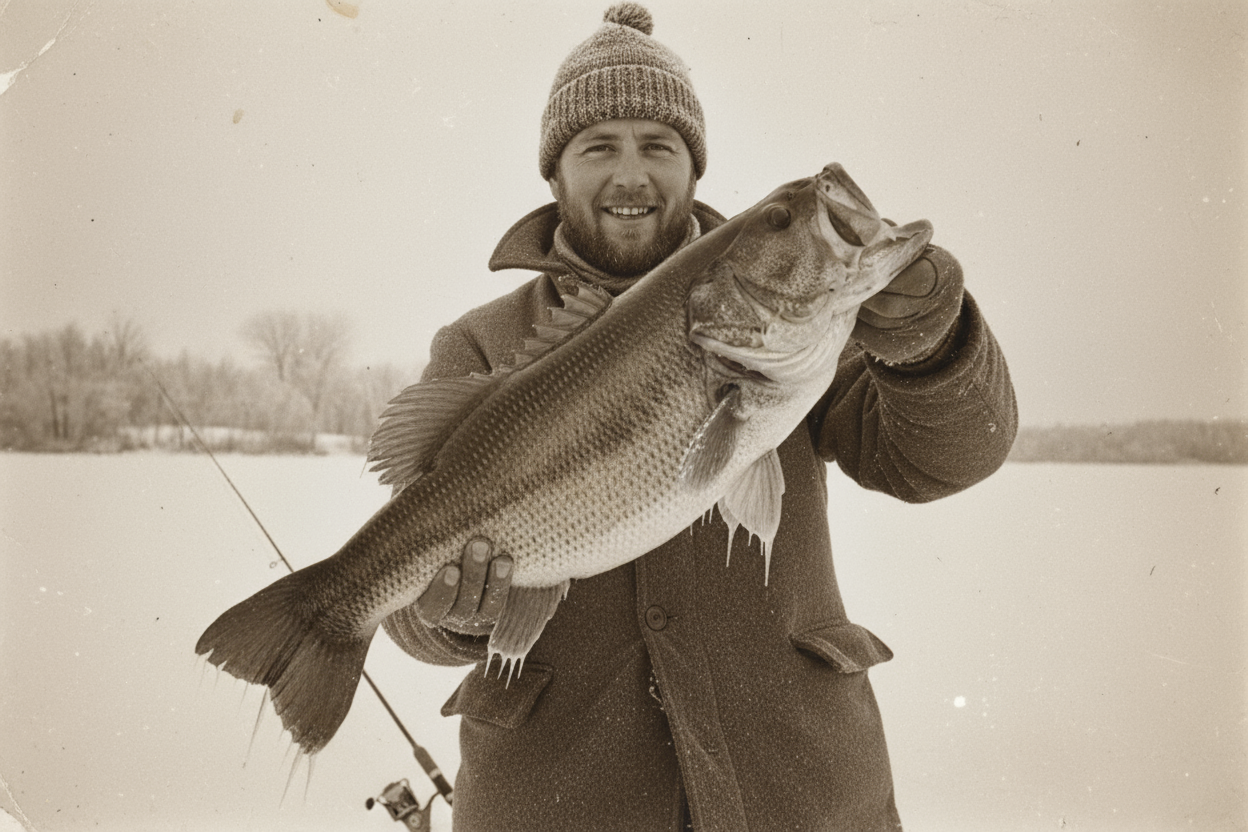 an old fashioned (sepia, 50s ish) photo of a person holding a largemouth bass th…