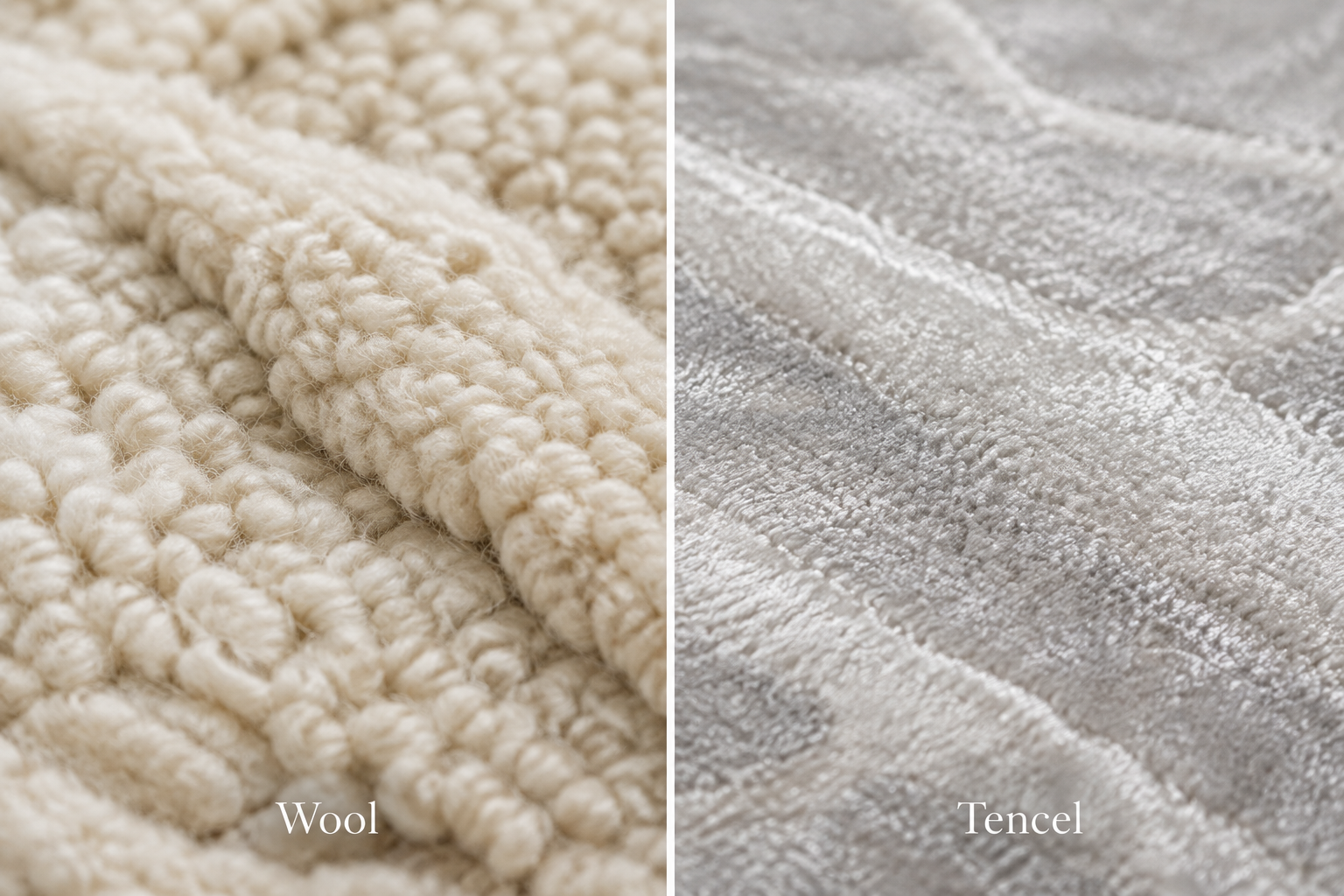 Image idea:
Split image:
- Left: wool rug texture
- Right: Tencel rug texture
- …