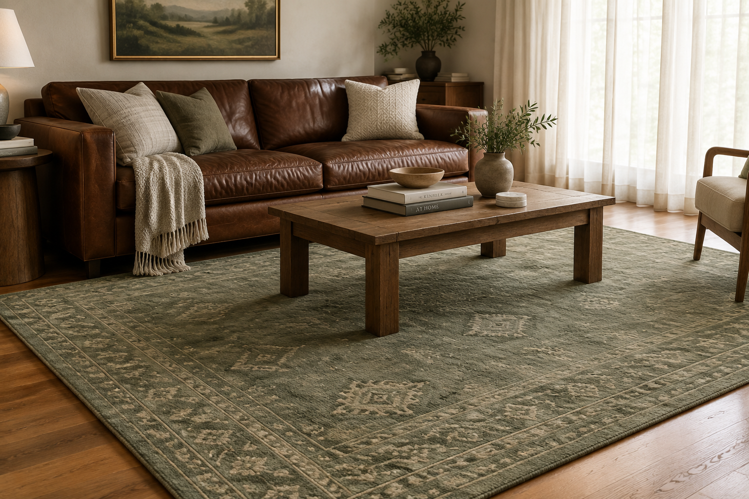 Sage green rug with brown sofa