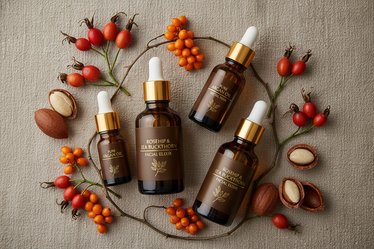 Luxurious amber bottles with rosehip, sea buckthorn, and argan ingredients