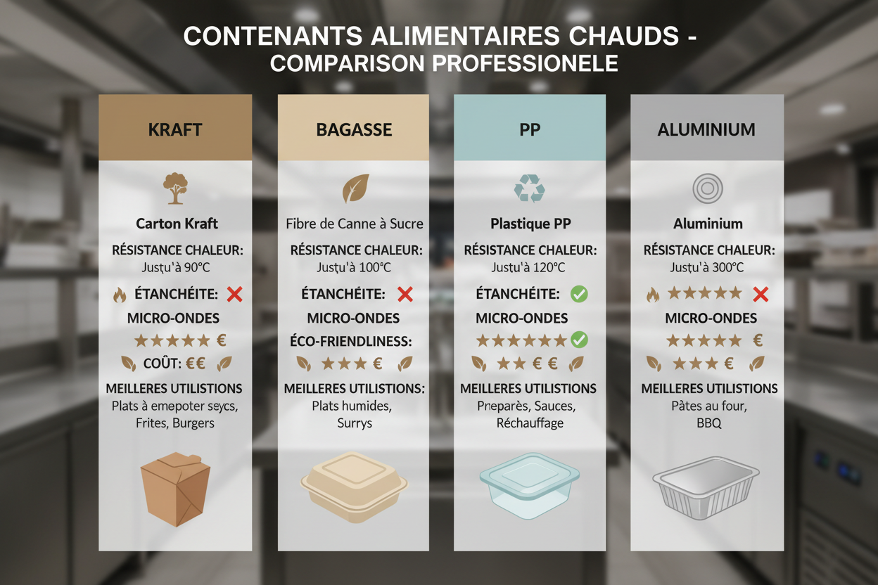 Comparatif barquettes kraft bagasse PP aluminium en français