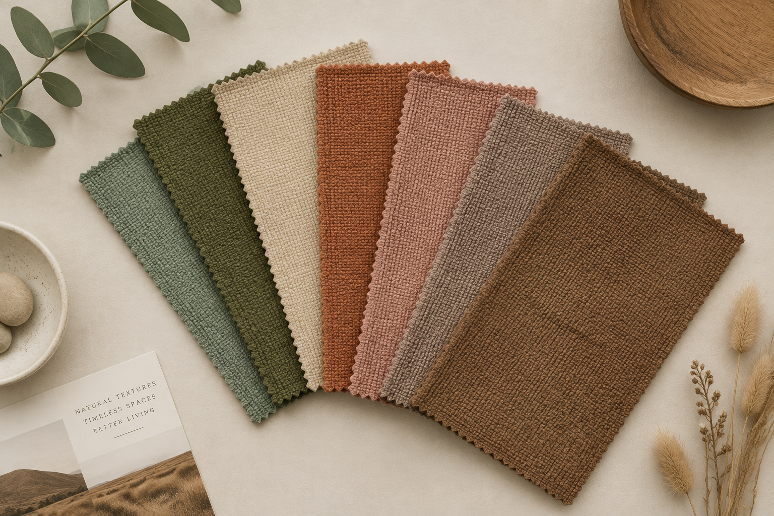 Flat-lay or styled composition showing sage, olive, beige, terracotta, dusty ros…